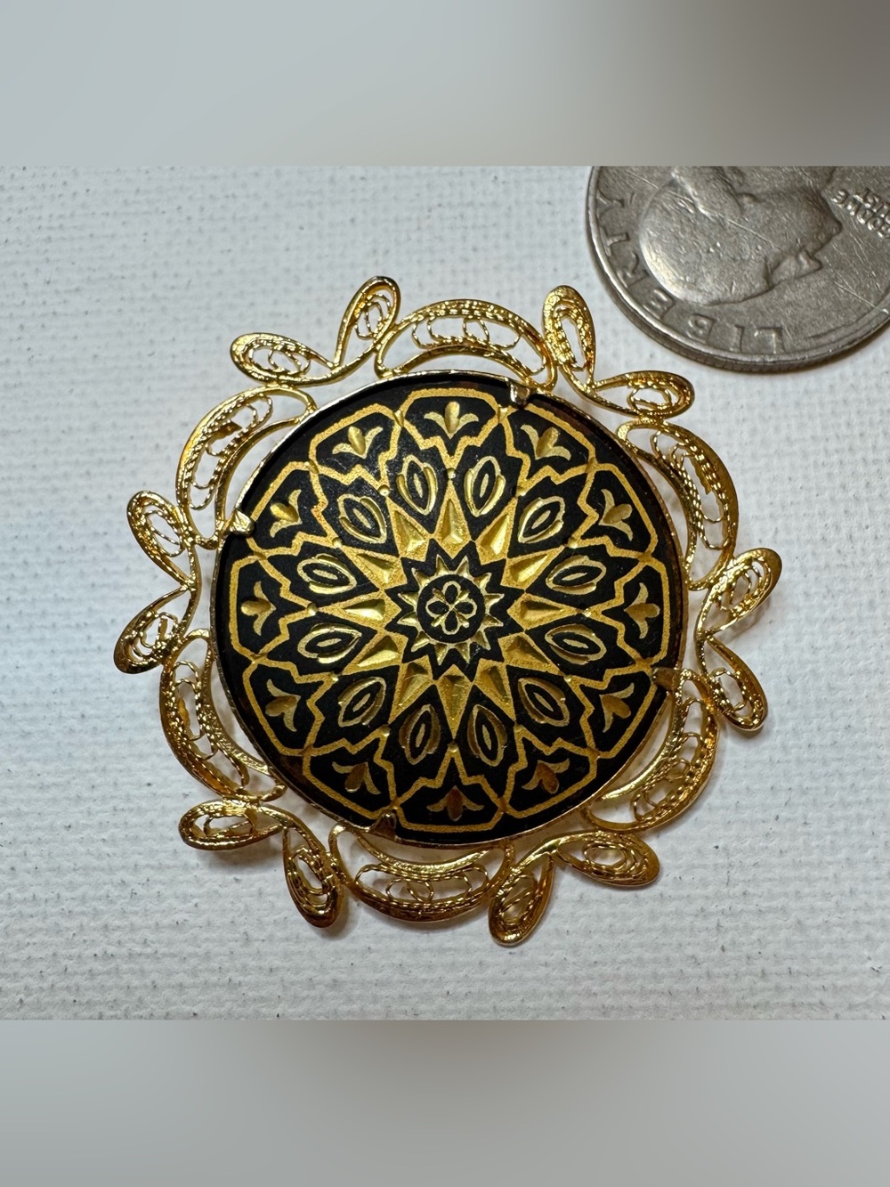 Vintage Damascene Gold and Black  Filigree Brooch
